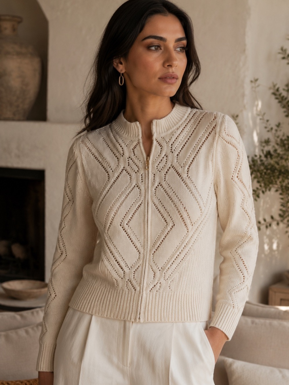 St. John Cream Pointelle Knit Zip Front Sweater Minimalist Quiet Luxury Chic S